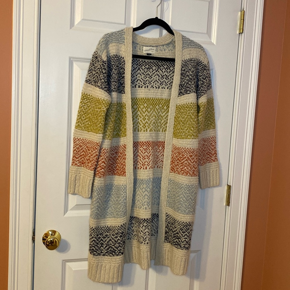 Long multicolored, striped cardigan, long sleeve, open front..